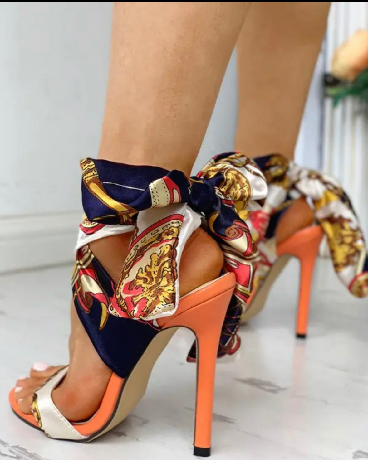 FZ Women's Satin Print Knotted Detail Thin Heeled Shoes - FZwear