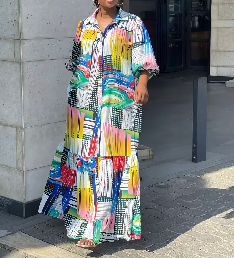 FZ Women's Plus Size Bohemian Print Long Sleeve Vintage Maxi Dress