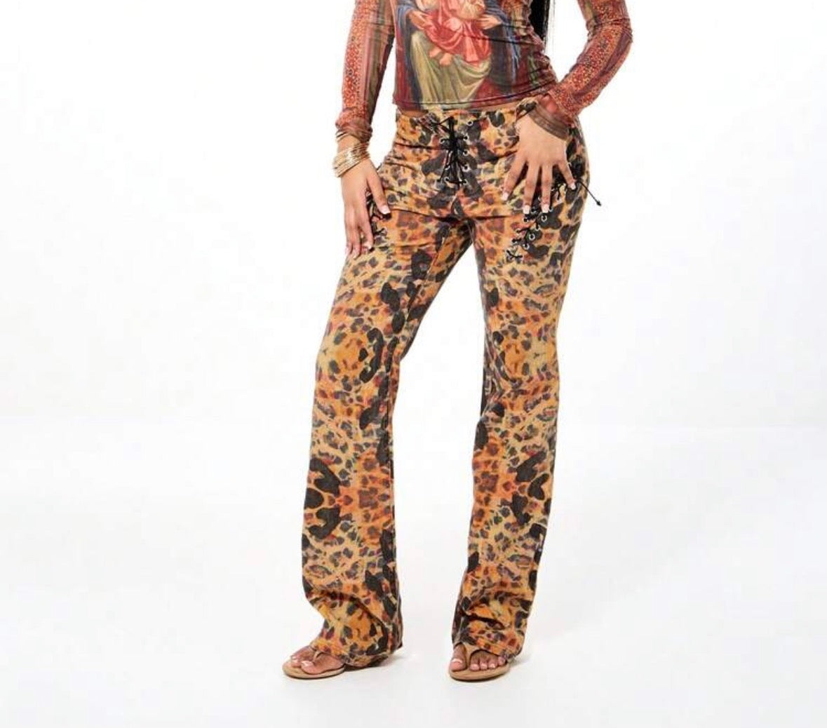FZ Women's Chic Flared Leopard Print Lace Up Details Denim Pants