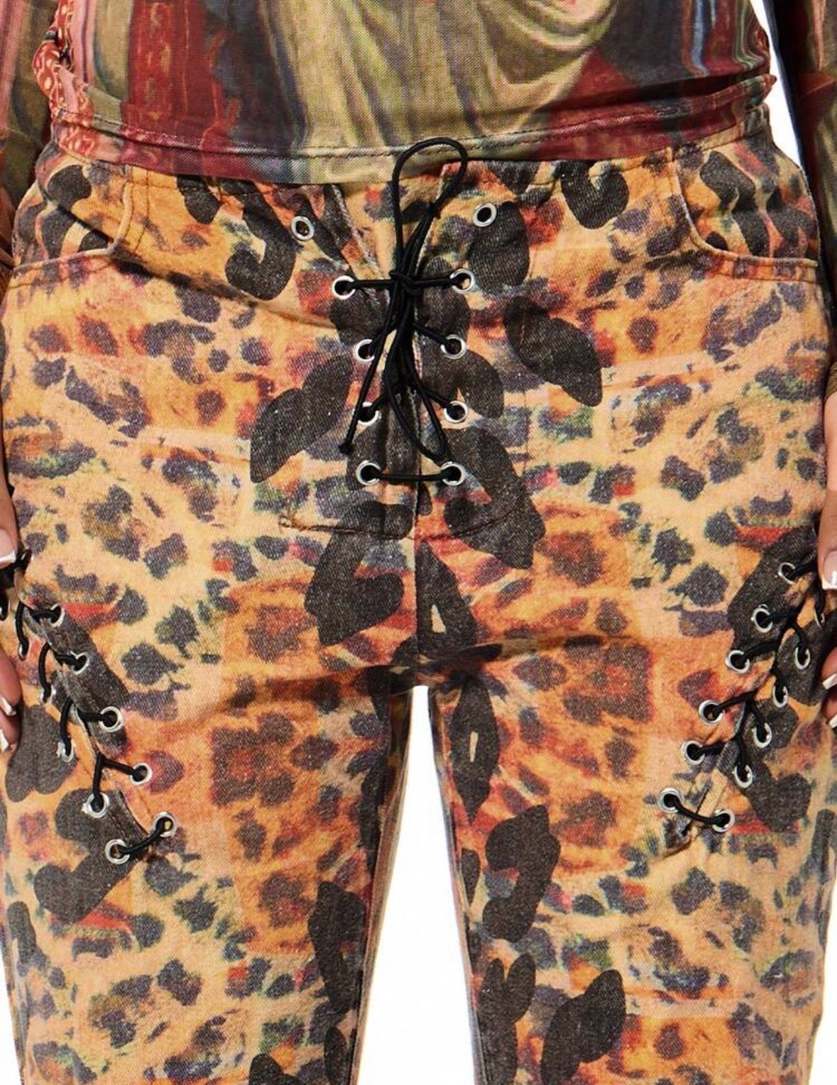 FZ Women's Chic Flared Leopard Print Lace Up Details Denim Pants