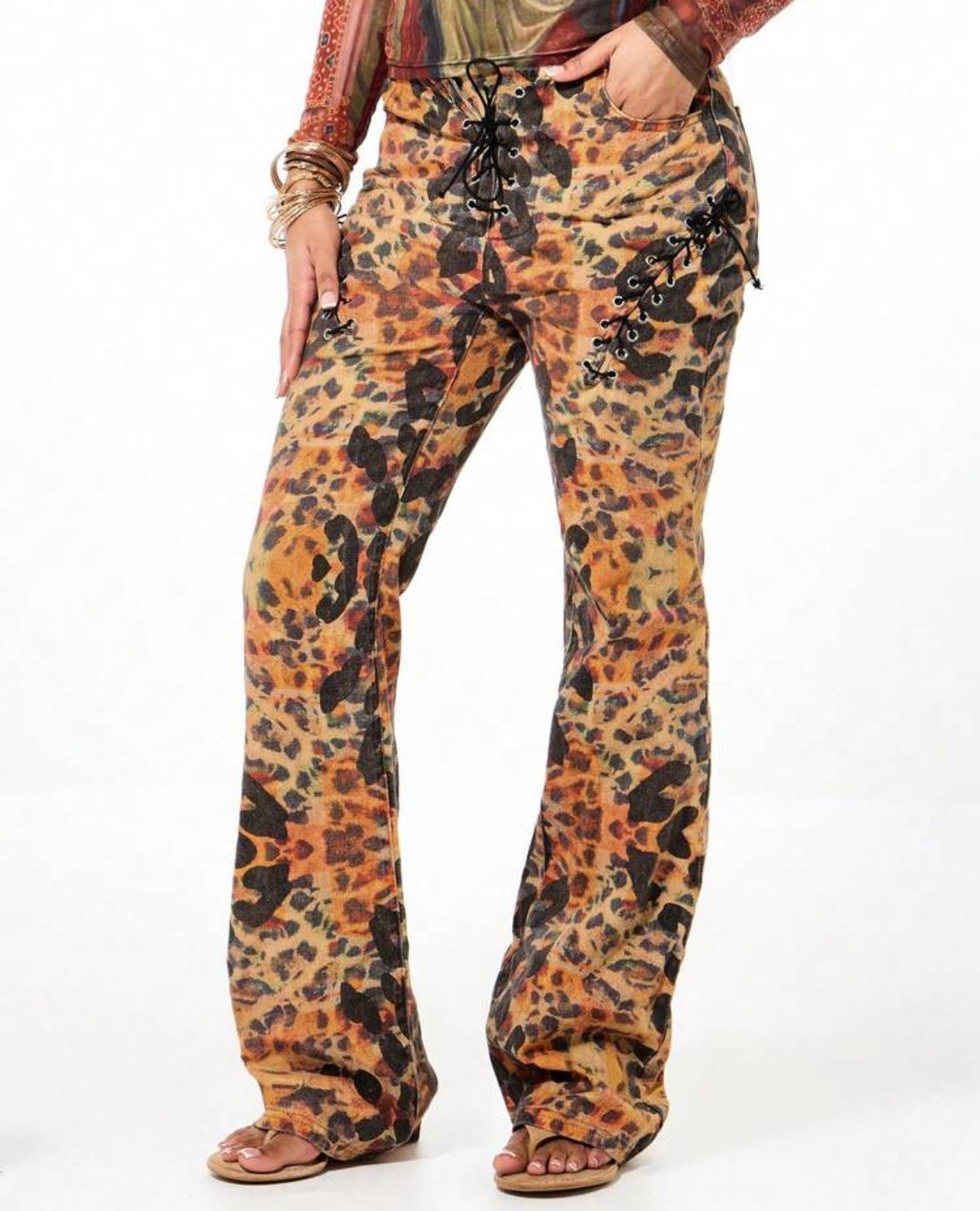 FZ Women's Chic Flared Leopard Print Lace Up Details Denim Pants