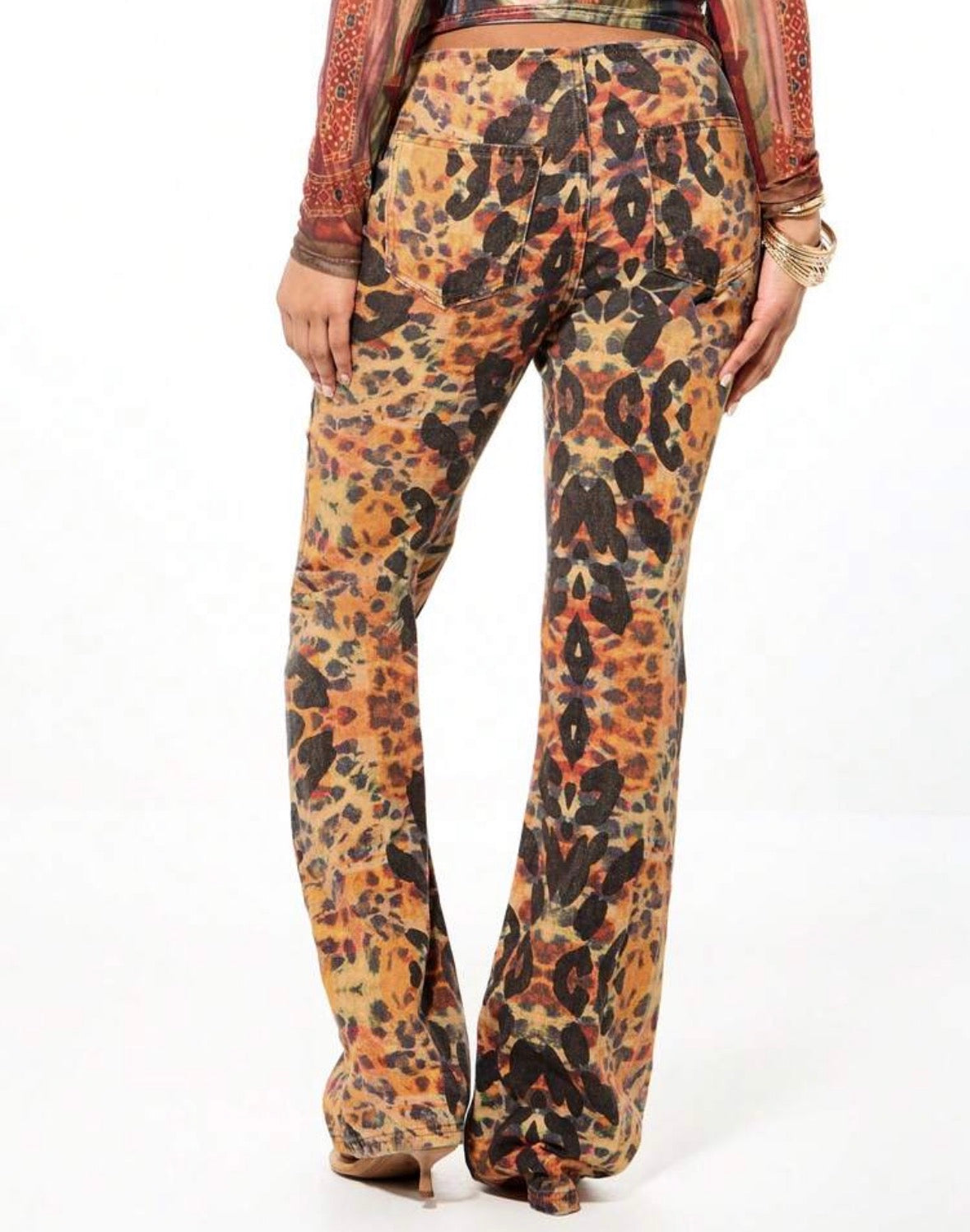 FZ Women's Chic Flared Leopard Print Lace Up Details Denim Pants