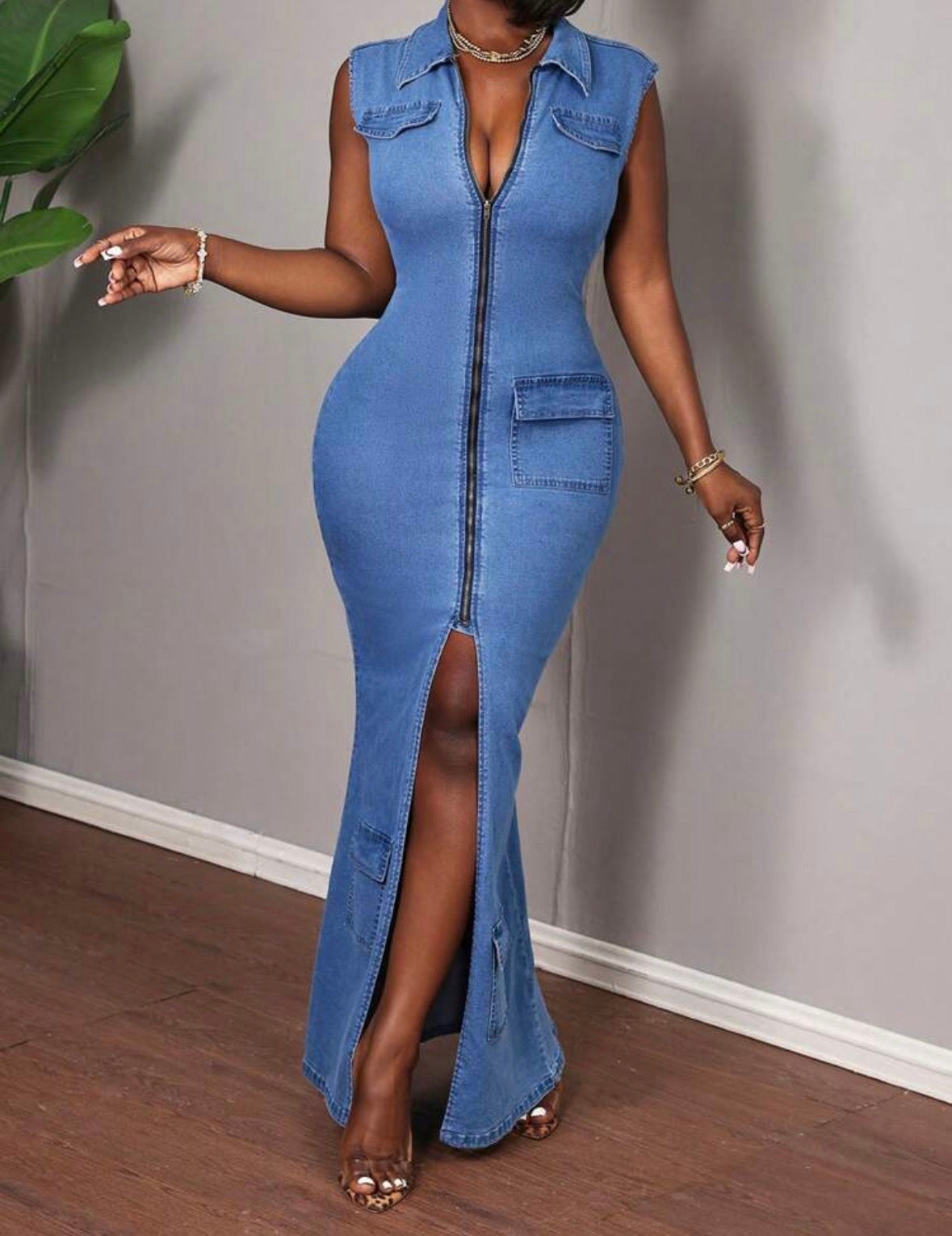 FZ Women's Sleeveless Sexy Bodycon Stretch Denim Dress