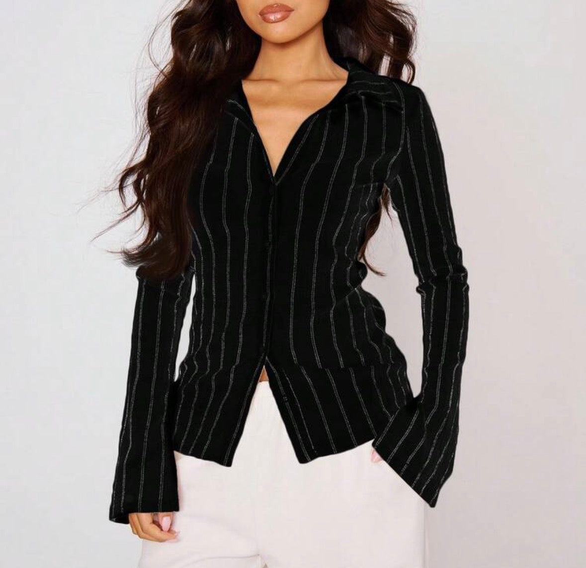 FZ Women's Fitted Stripe Flare Long Sleeve Button Up Shirt Top