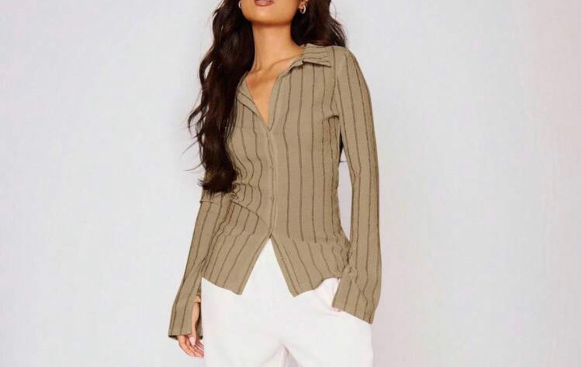 FZ Women's Fitted Stripe Flare Long Sleeve Button Up Shirt Top