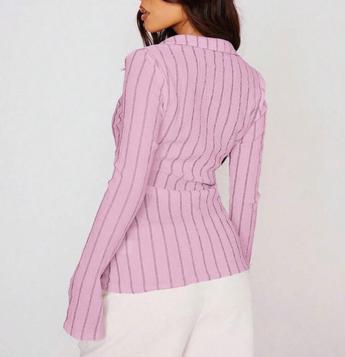 FZ Women's Fitted Stripe Flare Long Sleeve Button Up Shirt Top