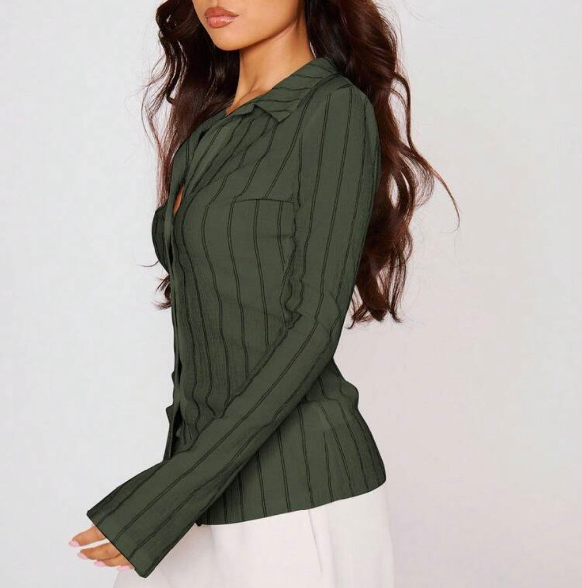 FZ Women's Fitted Stripe Flare Long Sleeve Button Up Shirt Top