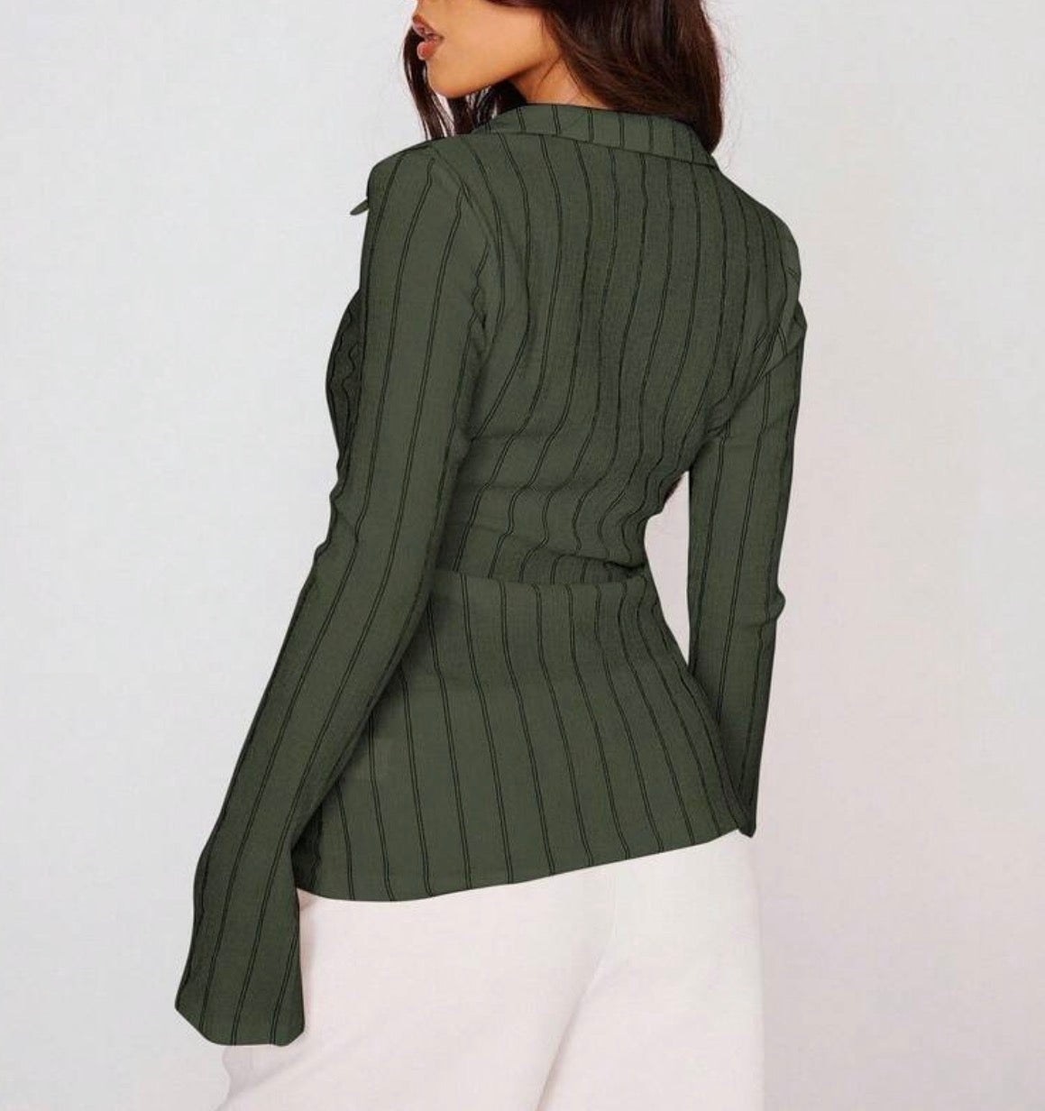 FZ Women's Fitted Stripe Flare Long Sleeve Button Up Shirt Top