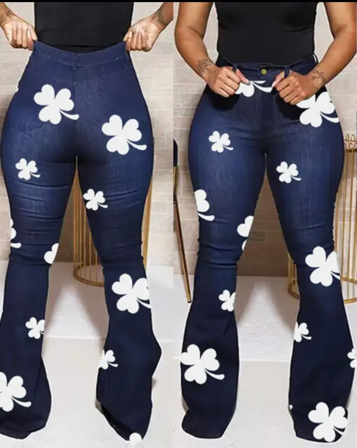 FZ Women's Shamrock Print High Waist Flared Leg Denim Pants - FZwear