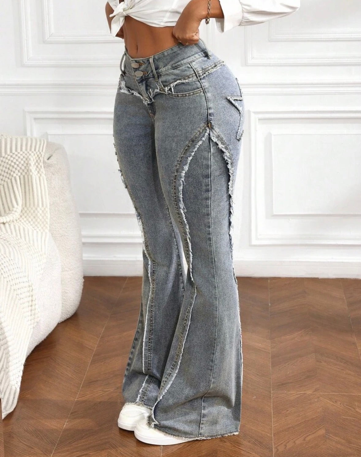 FZ Women's Pocket Frayed Hem Casual Flare Leg Denim Pants