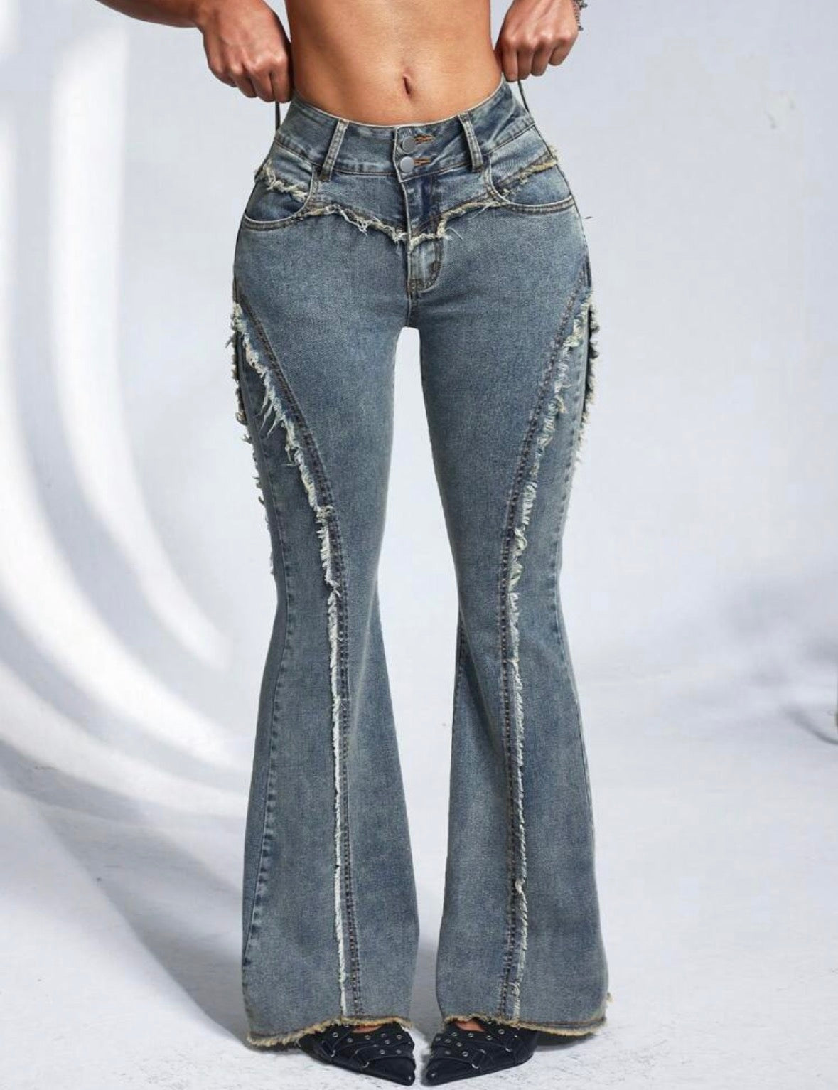 FZ Women's Pocket Frayed Hem Casual Flare Leg Denim Pants