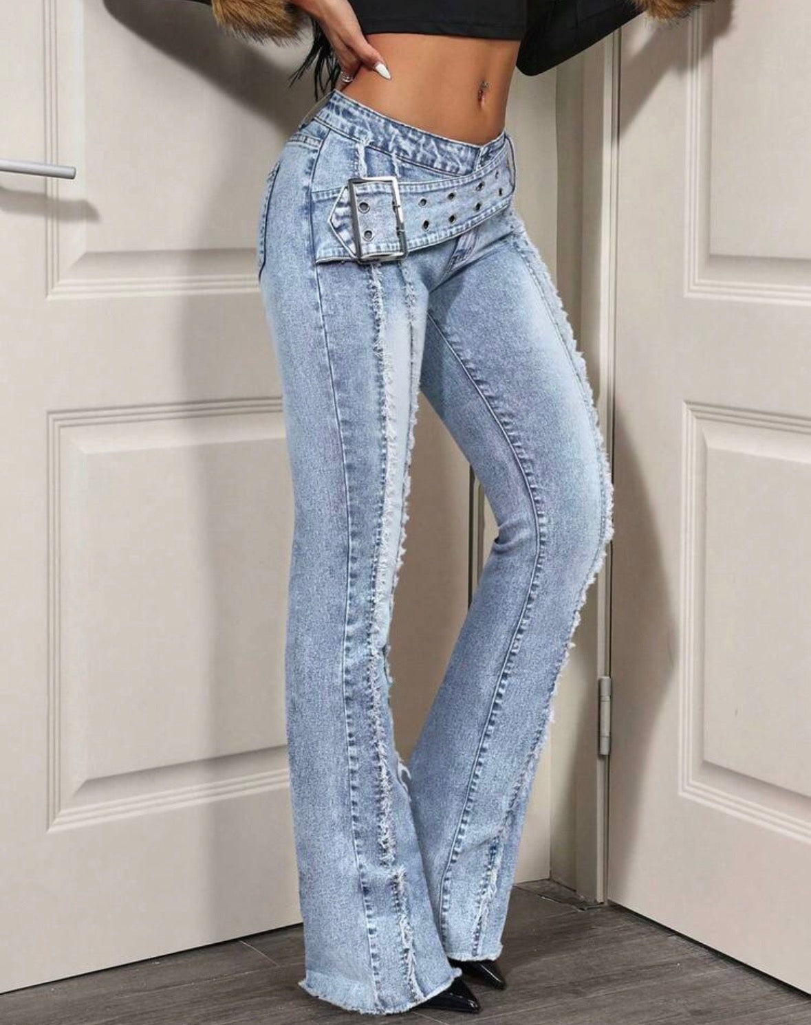 FZ Women's Low Waist Wide Belt Vintage Washed Flare Denim Pants