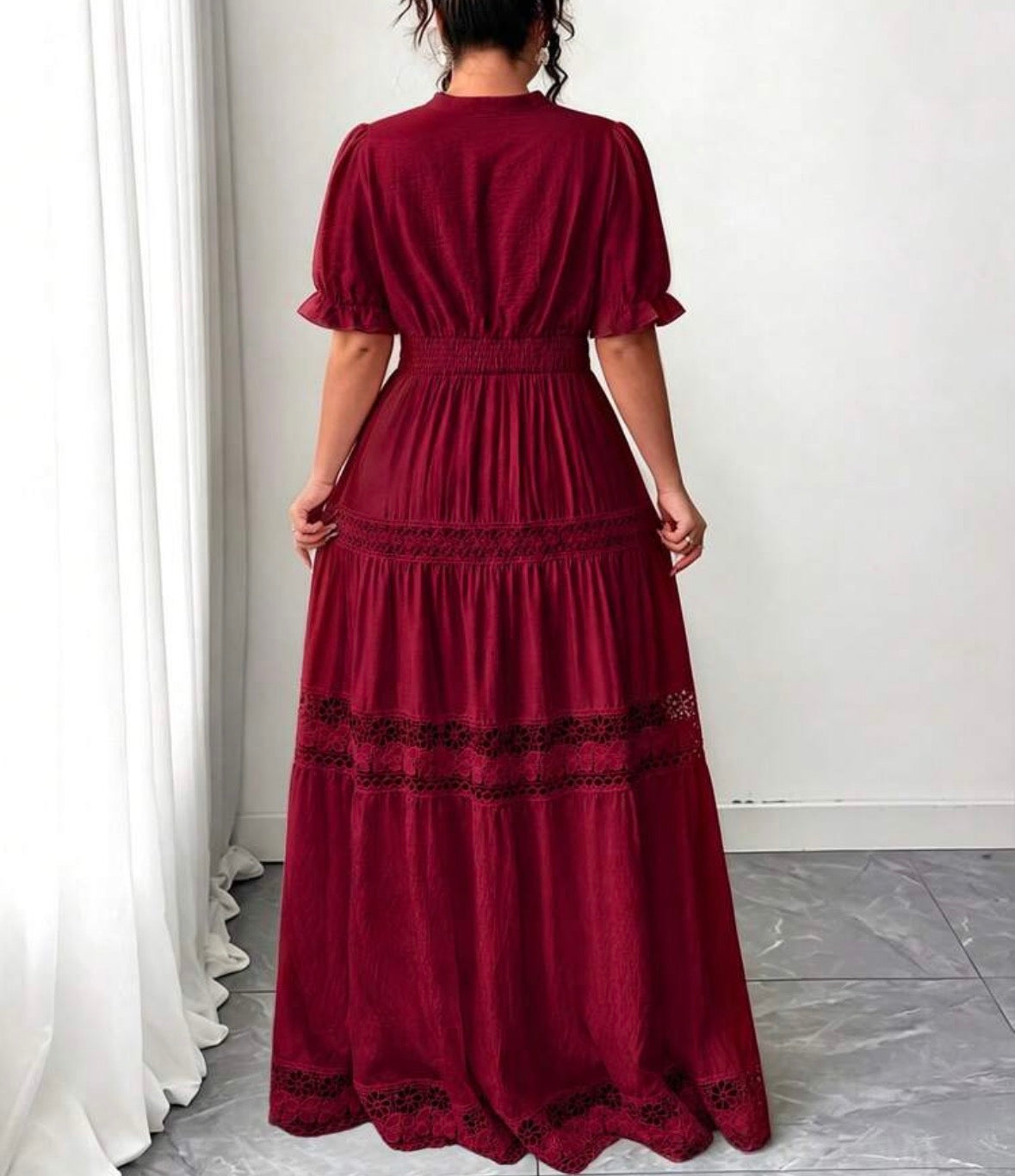 FZ Women's Plus Size Lace Trim Goddess Waist V-Neck French Style Sundress