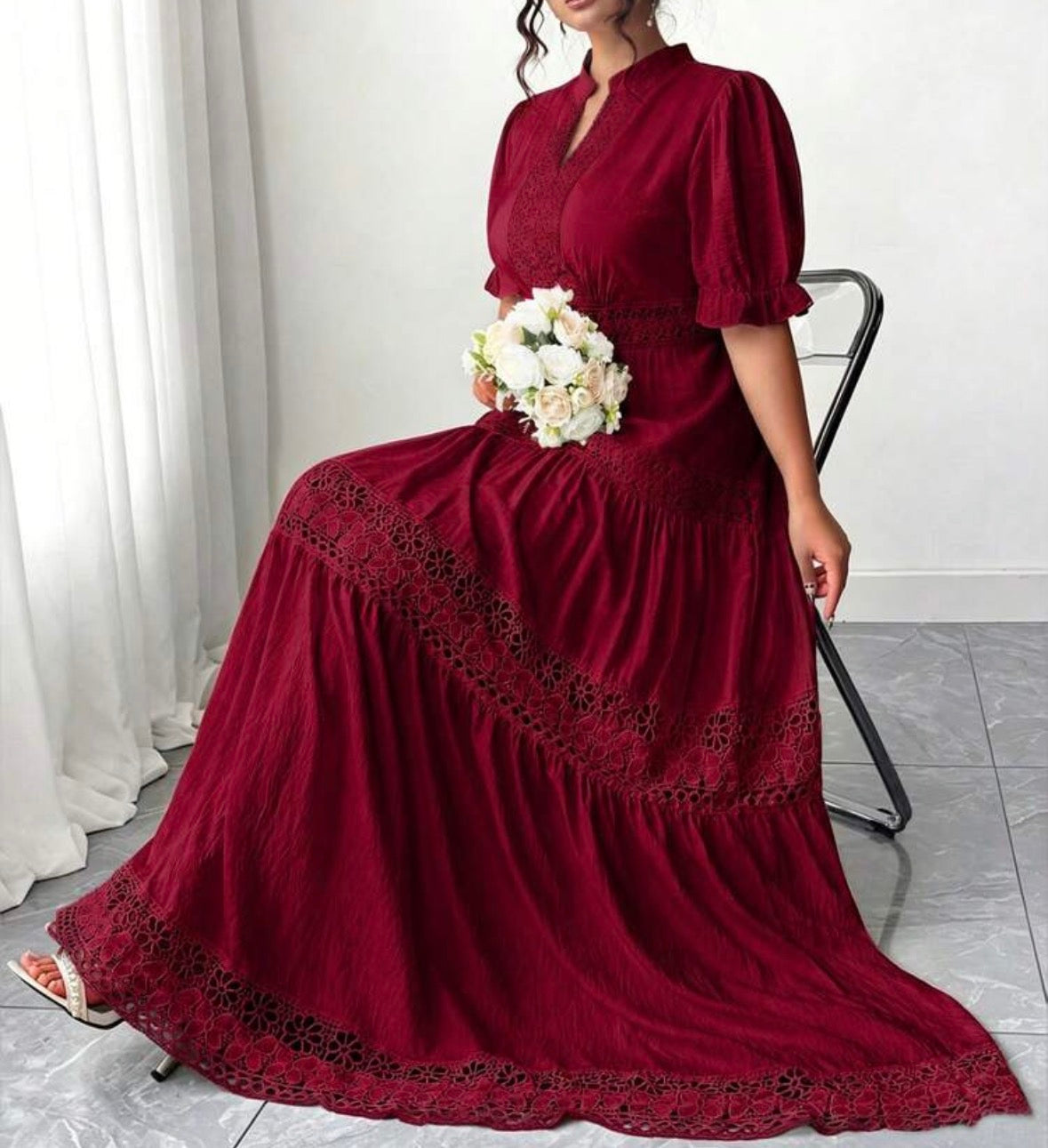 FZ Women's Plus Size Lace Trim Goddess Waist V-Neck French Style Sundress