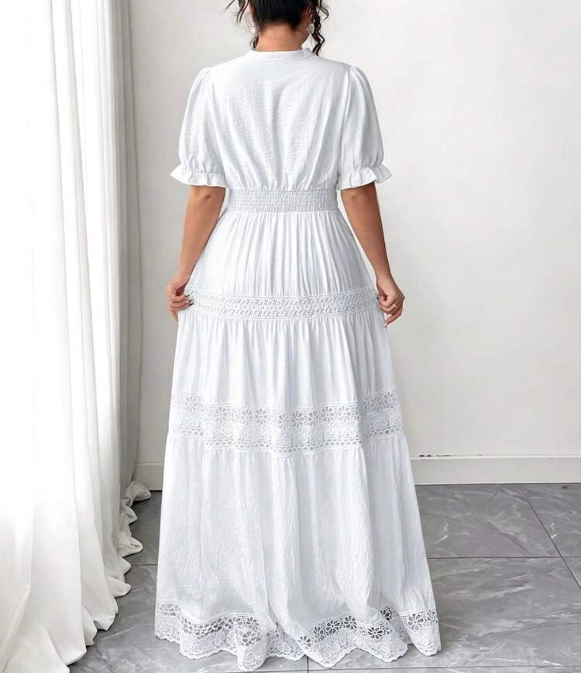 FZ Women's Plus Size Lace Trim Goddess Waist V-Neck French Style Sundress