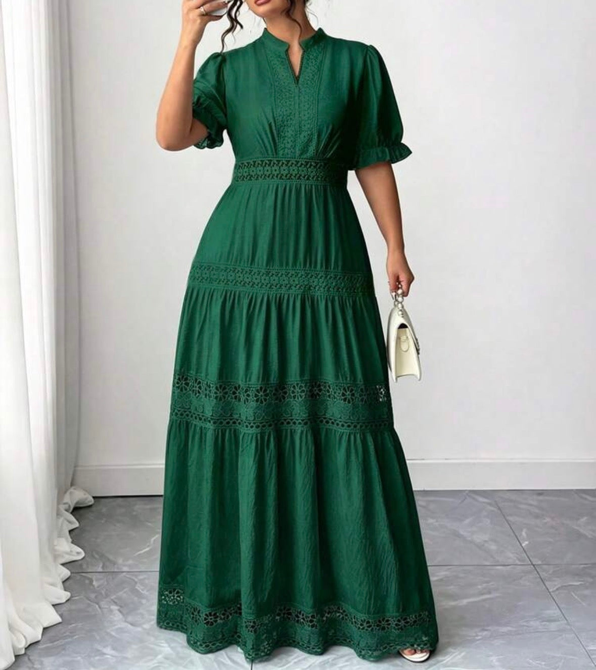 FZ Women's Plus Size Lace Trim Goddess Waist V-Neck French Style Sundress