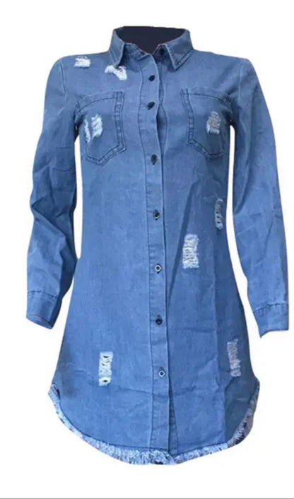 FZ Women's Ripped Raw Hem Denim Shirt Dress