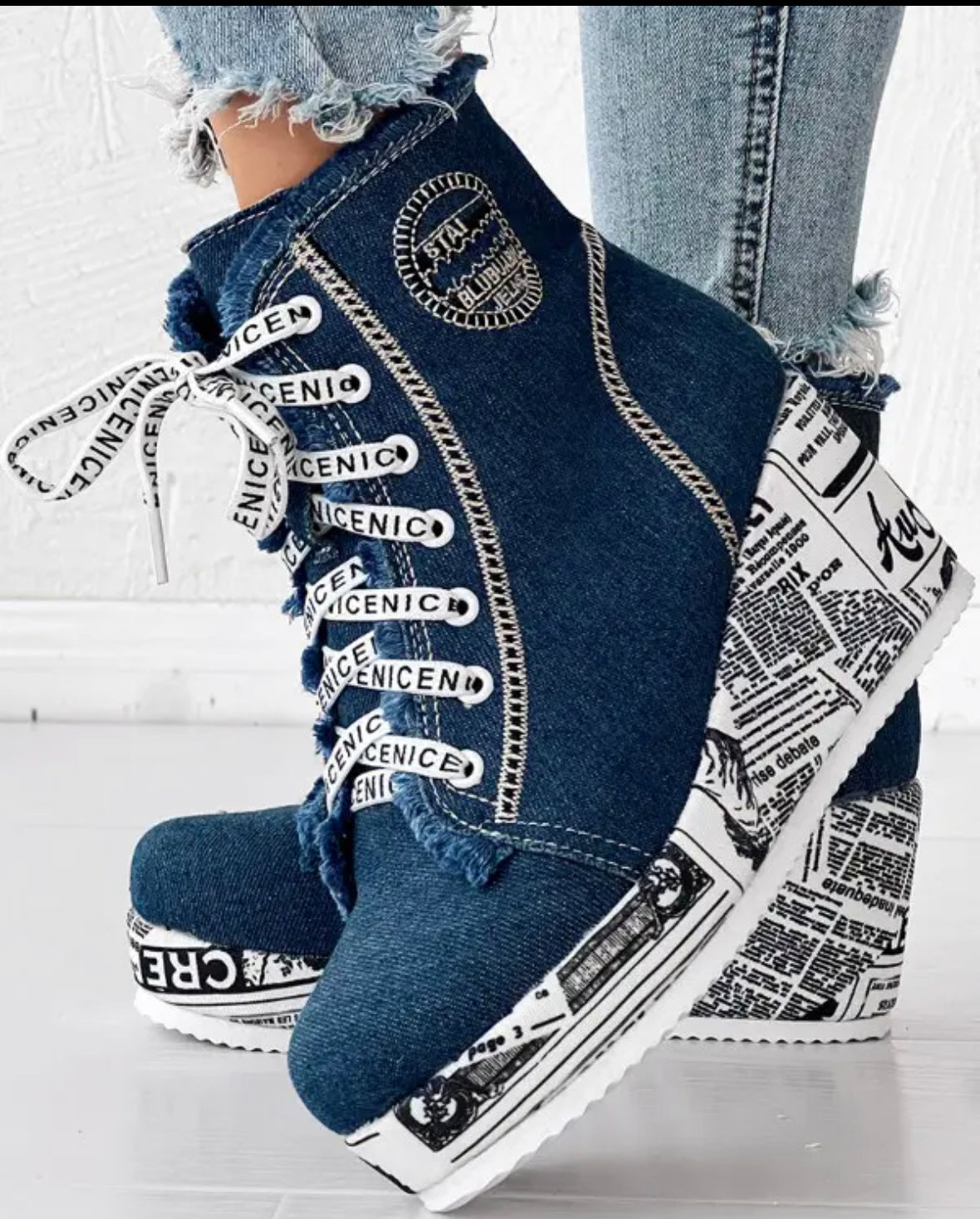 FZ Women's Newpaper Raw Hem Wedge Denim Ankle Boots - FZwear