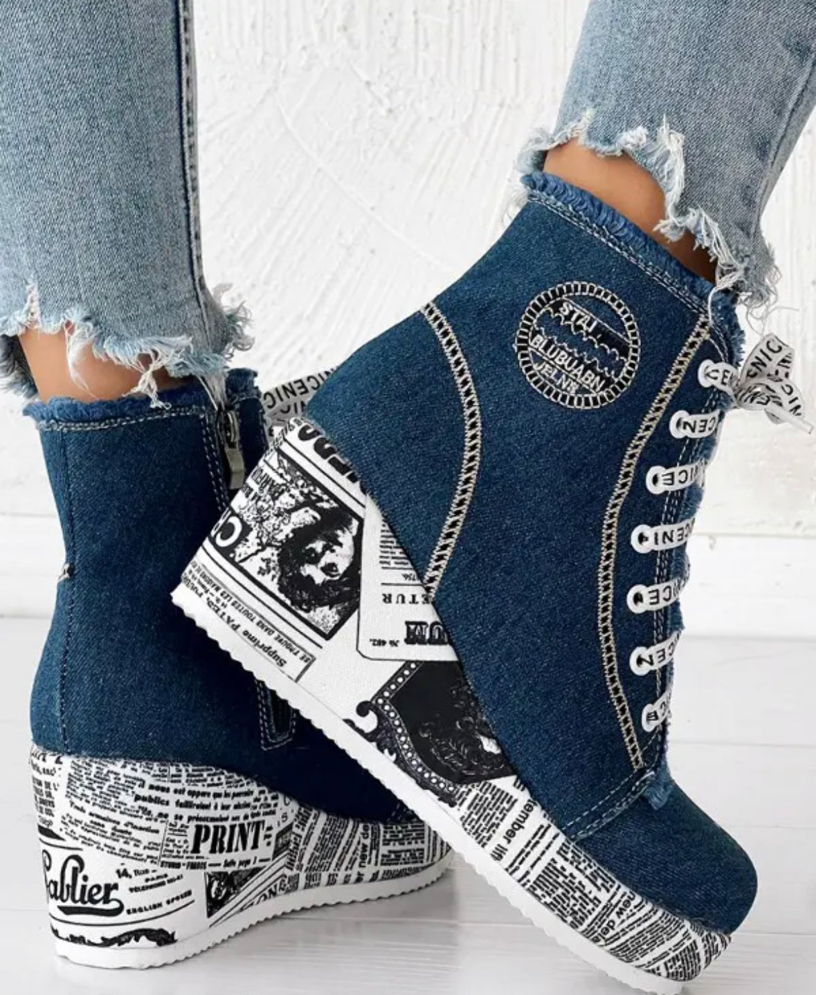 FZ Women's Newpaper Raw Hem Wedge Denim Ankle Boots - FZwear