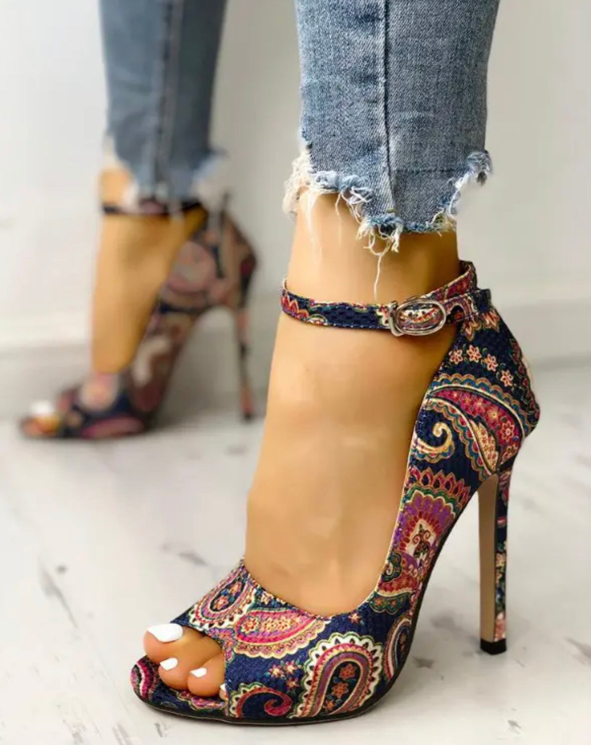 FZ Women's Ethnic Print Peep Toe Heeled Shoes - FZwear