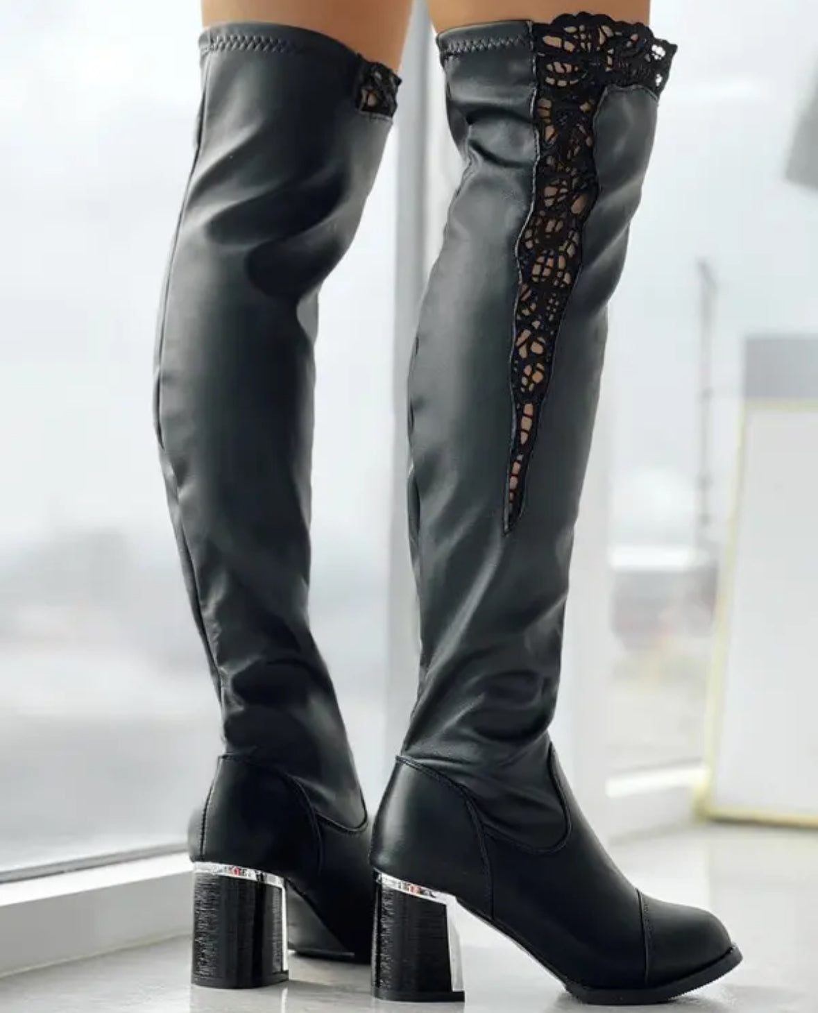 FZ Women's Contrast Lace Chunky Over The Knee Boots - FZwear