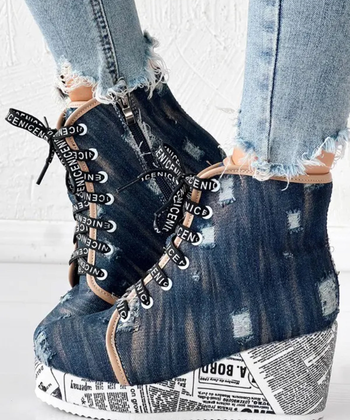FZ Women's Newspaper Platform Washed Denim Ripped Wedge Boots - FZwear
