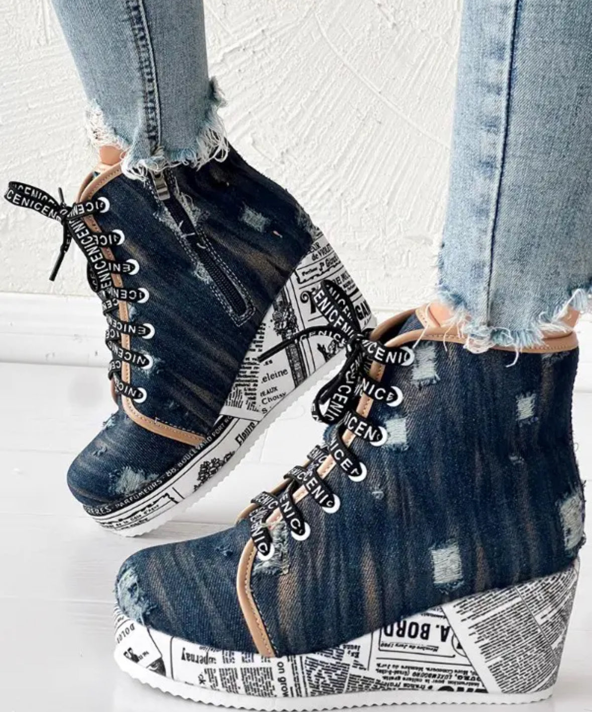 FZ Women's Newspaper Platform Washed Denim Ripped Wedge Boots - FZwear