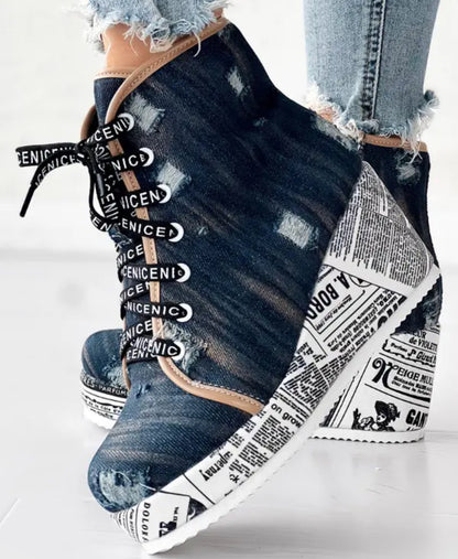 FZ Women's Newspaper Platform Washed Denim Ripped Wedge Boots - FZwear
