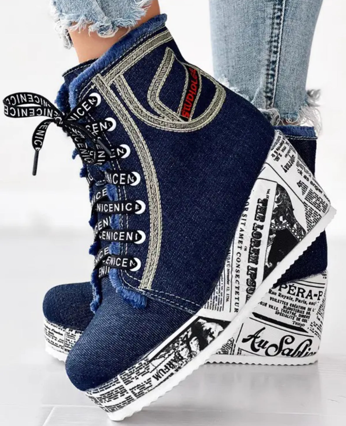 FZ Women's Newpaper Lace-up Platform Wedge Ankle Boots - FZwear