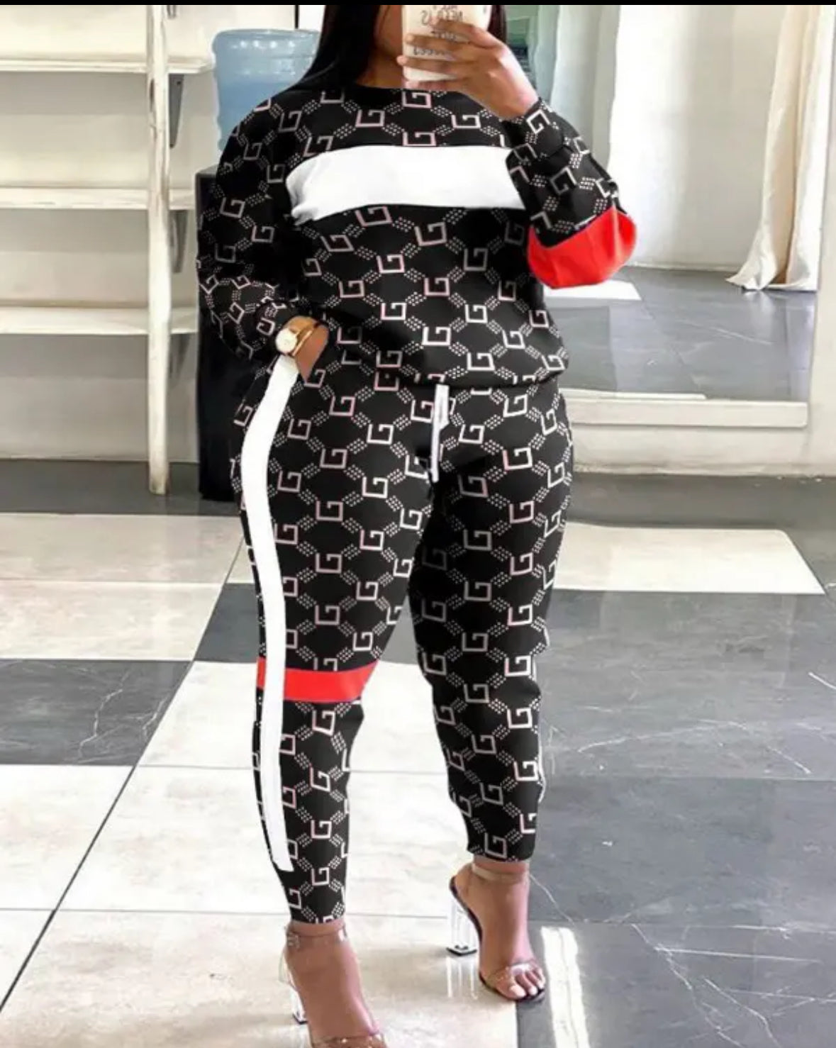 FZ Women's Plus Size Geometric Print Striped Sweatpants Suit