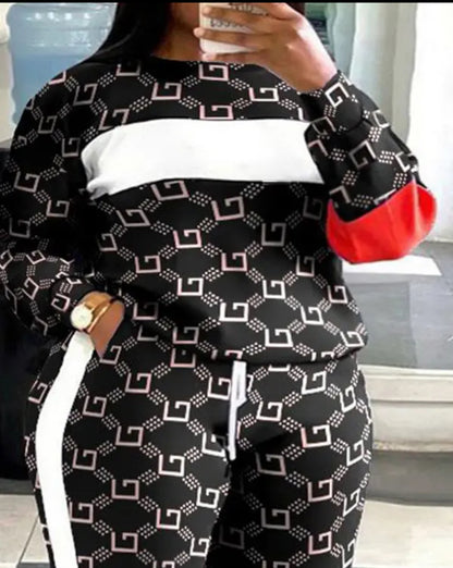FZ Women's Plus Size Geometric Print Striped Sweatpants Suit