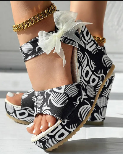 FZ Women's Abstract Print Bowknot Decor Platform Wedge Shoes - FZwear