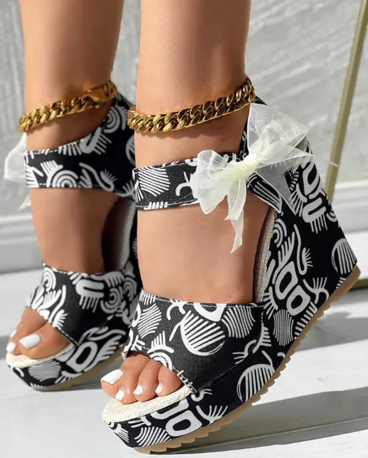 FZ Women's Abstract Print Bowknot Decor Platform Wedge Shoes - FZwear