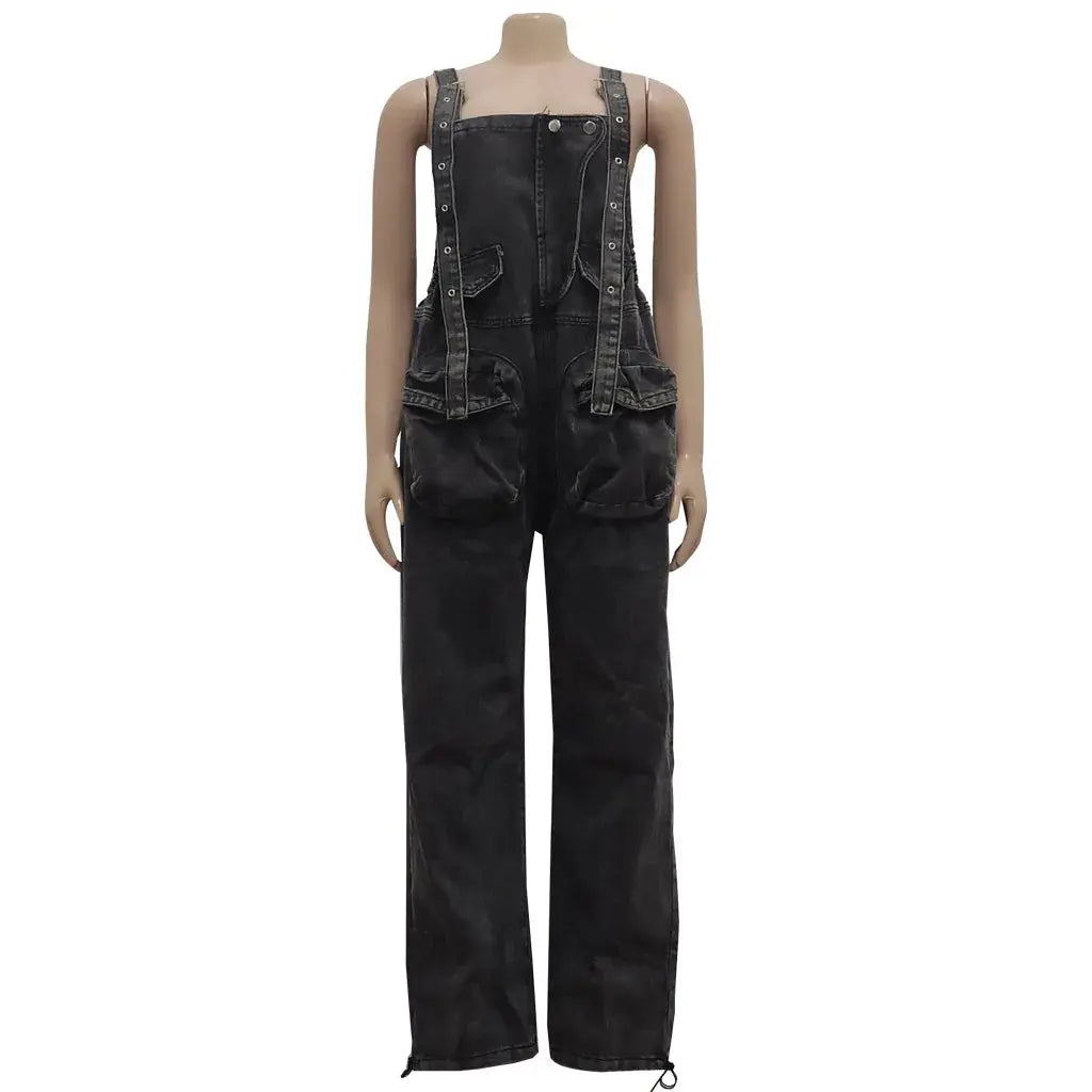 Jumpsuits Denim Women Overalls Suspenders Solid Straight Long Pants Loose Casual Regular One Piece High Waist Pockets 2024 FZwear