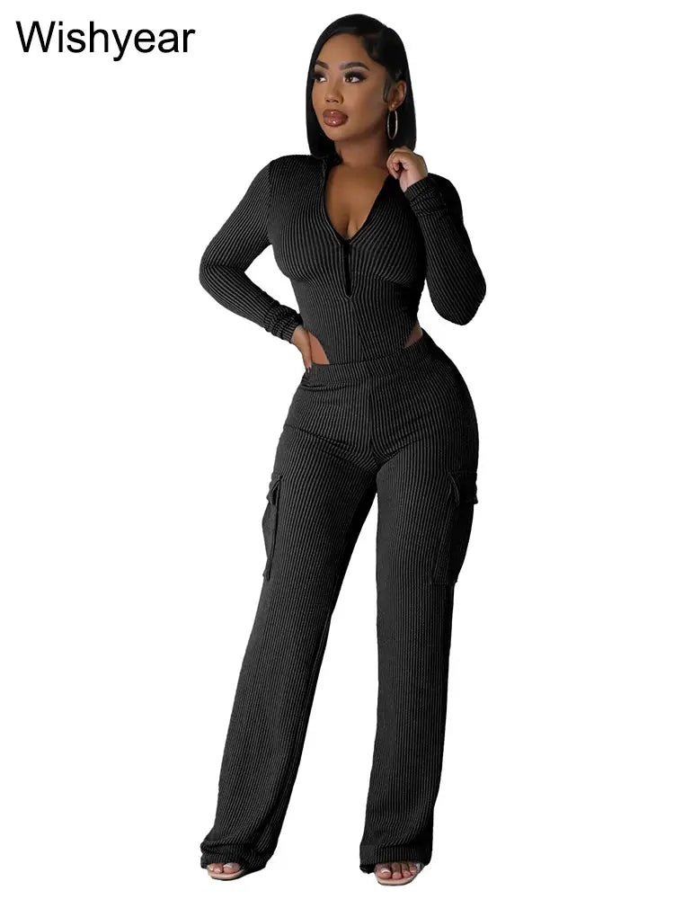Knitted Rib Tracksuits Set Women‘s Sports Fall Winter Bodysuits Tops and Cargo Pants Two 2 Piece Suit Fitness Sportswear New FZwear