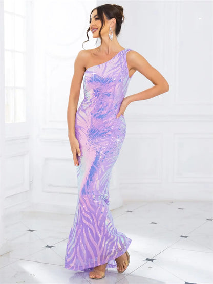 Lavender Pink One Shoulder Sequin Maxi Dress Sleeveless Evening Party Prom Gown for Women FZwear