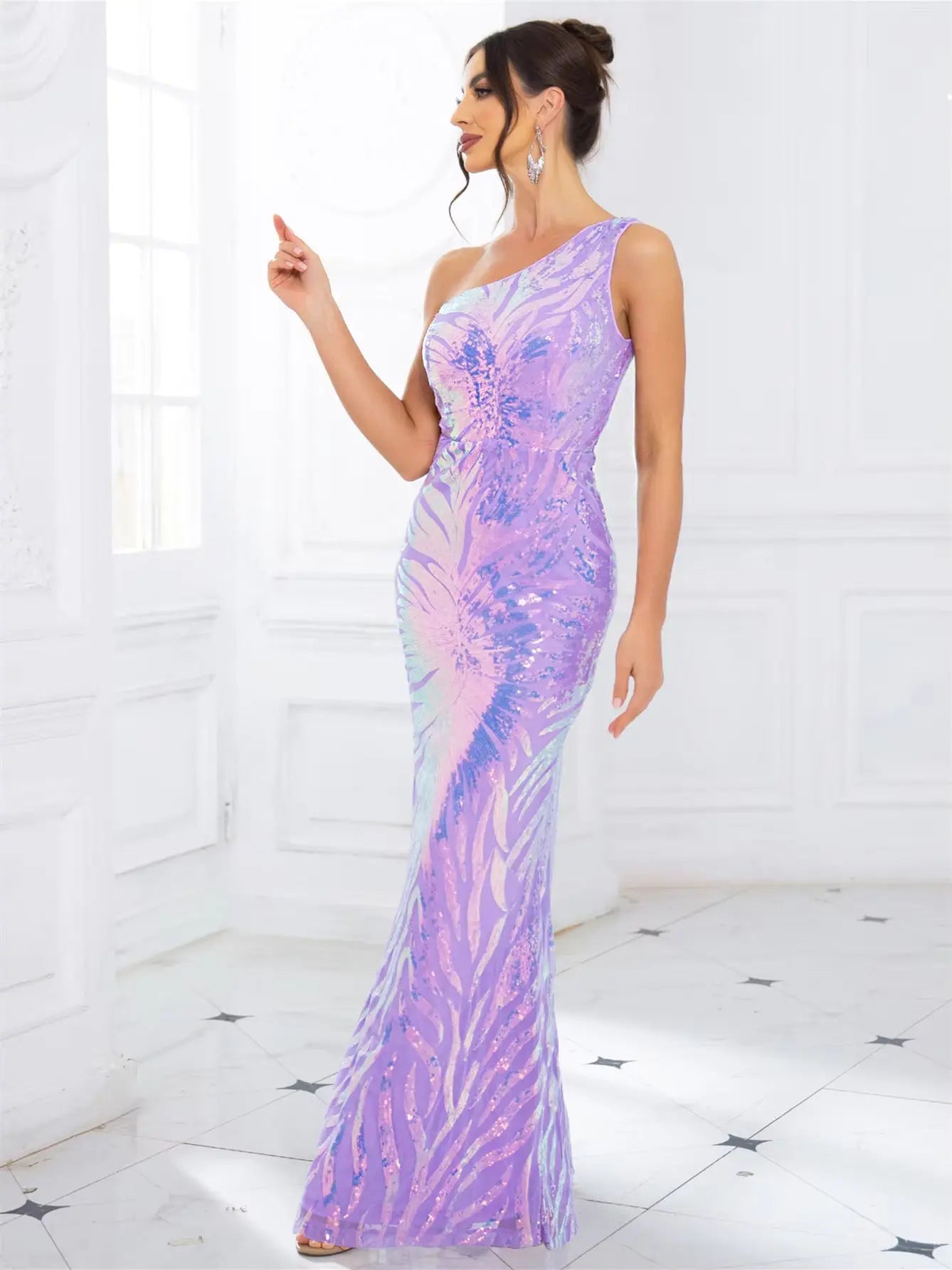 Lavender Pink One Shoulder Sequin Maxi Dress Sleeveless Evening Party Prom Gown for Women FZwear