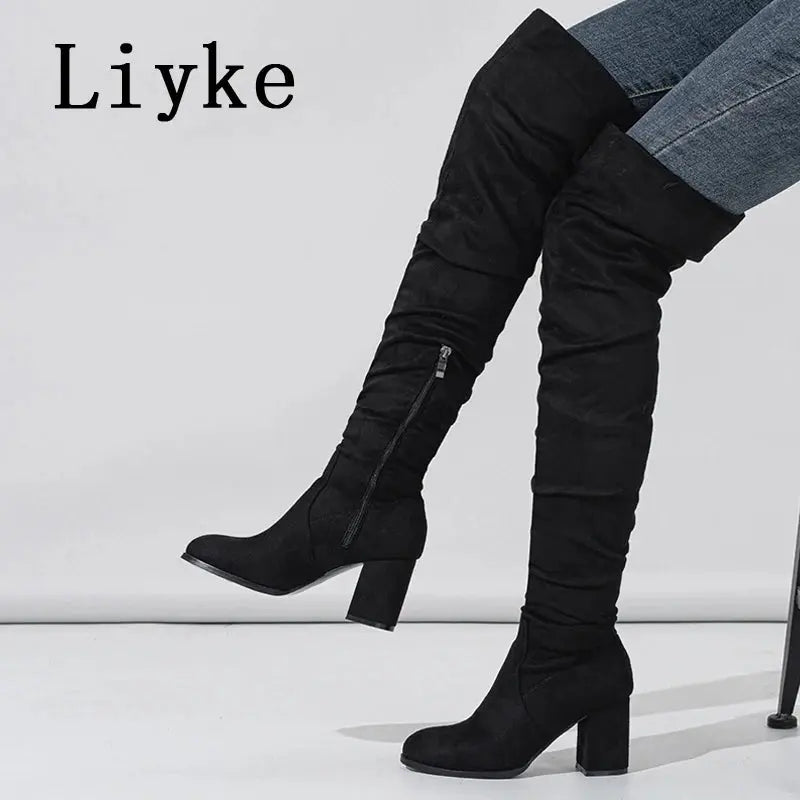 Liyke 2024 New Fashion Round Toe Zip Thigh High Boots Women Autumn Winter Chunky Heels Motorcycle Over The Knee Shoe Botas Mujer FZwear