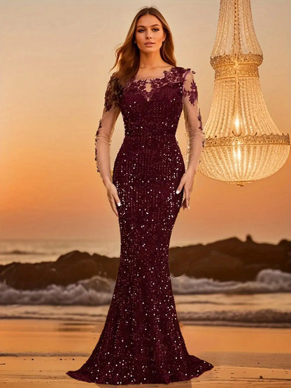 Long Sleeve Evening Maxi Dress Prom Gown for Women Green Burgundy Hollow Out Lace Patchwork Sequin FZwear