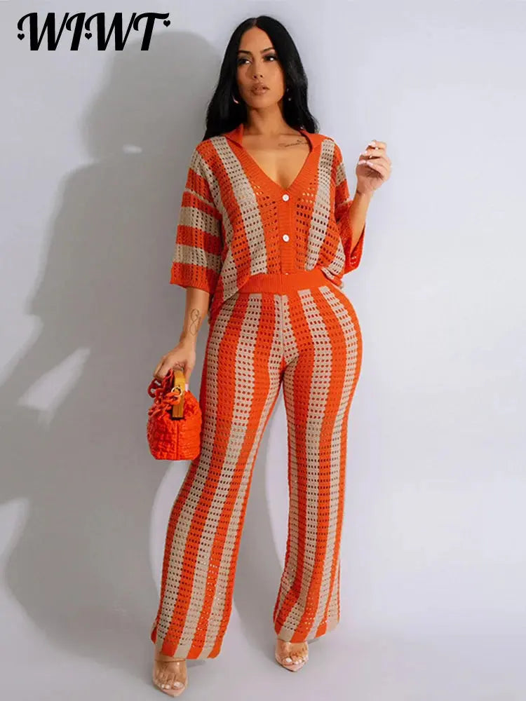 Loose Knit Striped Hollow Out Top Pants Set Women Lapel Button Half Sleeve Shirt Elastic Trousers 2024 Summer Lady Beach Outfits FZwear