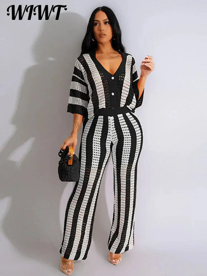 Loose Knit Striped Hollow Out Top Pants Set Women Lapel Button Half Sleeve Shirt Elastic Trousers 2024 Summer Lady Beach Outfits FZwear