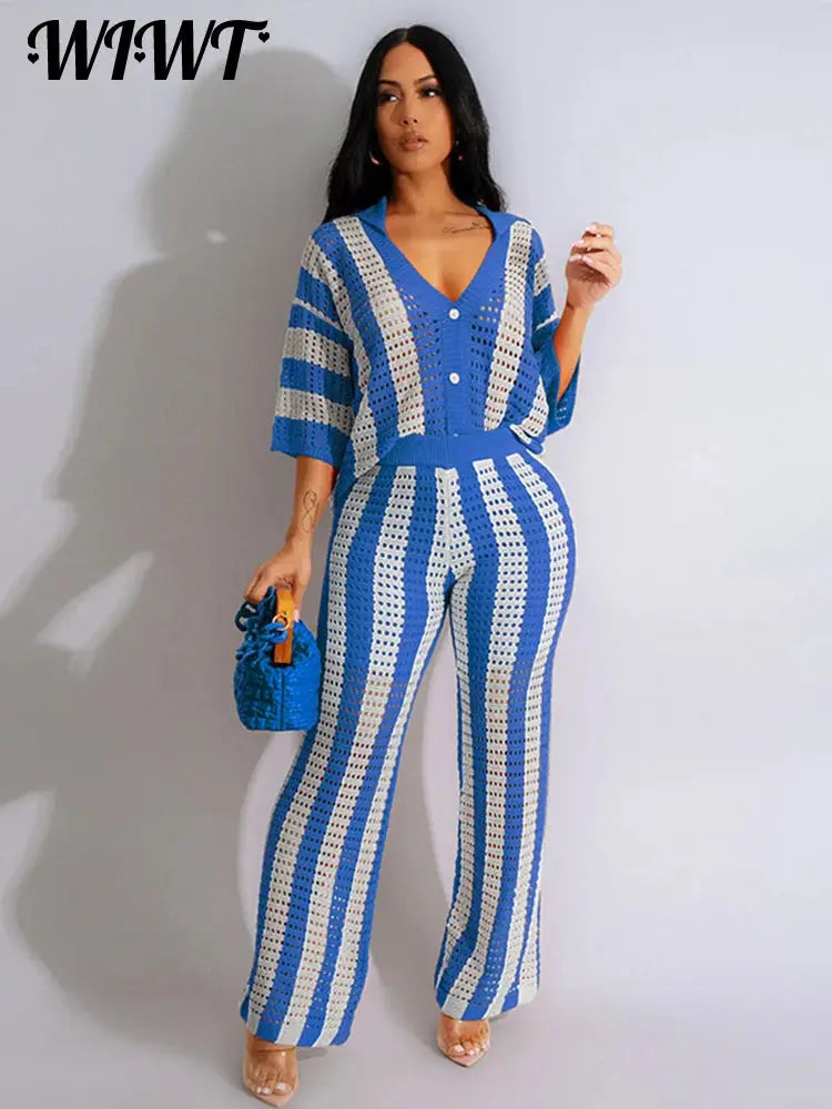 Loose Knit Striped Hollow Out Top Pants Set Women Lapel Button Half Sleeve Shirt Elastic Trousers 2024 Summer Lady Beach Outfits FZwear