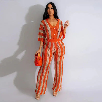 FZ Women's Loose Knit Striped Hollow Out Lapel Button Elastic Pants Suit