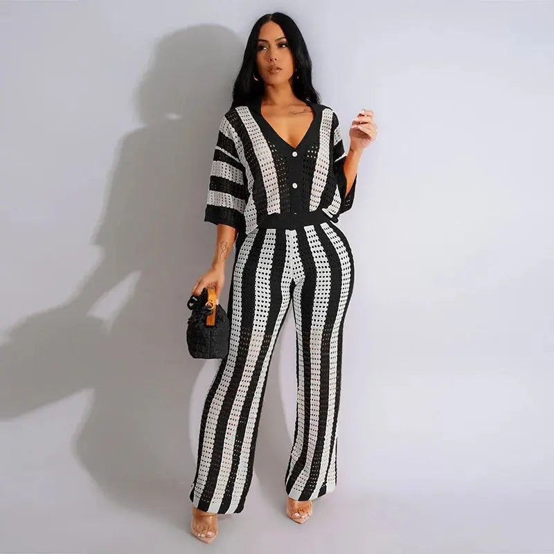 FZ Women's Loose Knit Striped Hollow Out Lapel Button Elastic Pants Suit