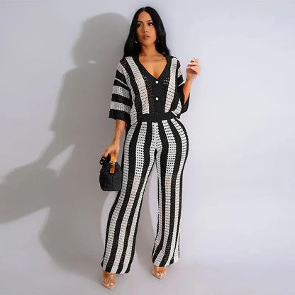 FZ Women's Loose Knit Striped Hollow Out Lapel Button Elastic Pants Suit