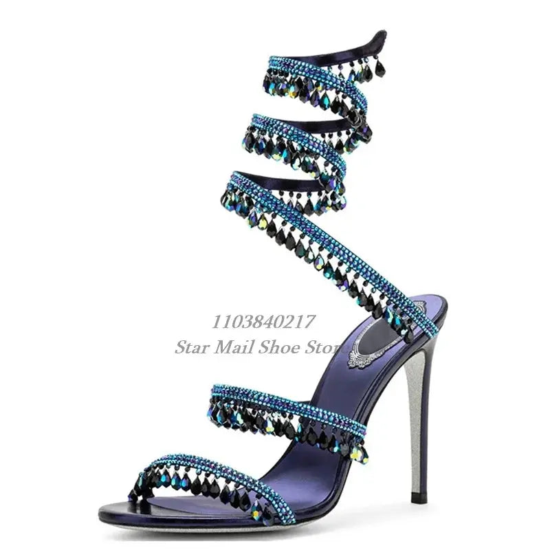 Luxurious Crystal Pendant Sandals 10 Cm Super High Heel Double Strap High Heels Designer Evening Ankle Wrap Straps Slip On Shoes FZwear