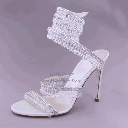 Luxurious Crystal Pendant Sandals 10 Cm Super High Heel Double Strap High Heels Designer Evening Ankle Wrap Straps Slip On Shoes FZwear