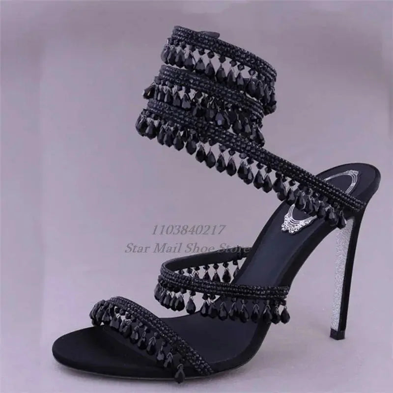 Luxurious Crystal Pendant Sandals 10 Cm Super High Heel Double Strap High Heels Designer Evening Ankle Wrap Straps Slip On Shoes FZwear