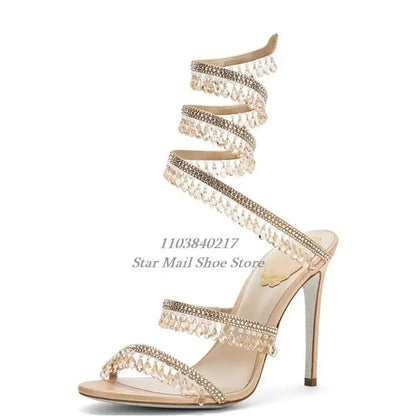 Luxurious Crystal Pendant Sandals 10 Cm Super High Heel Double Strap High Heels Designer Evening Ankle Wrap Straps Slip On Shoes FZwear