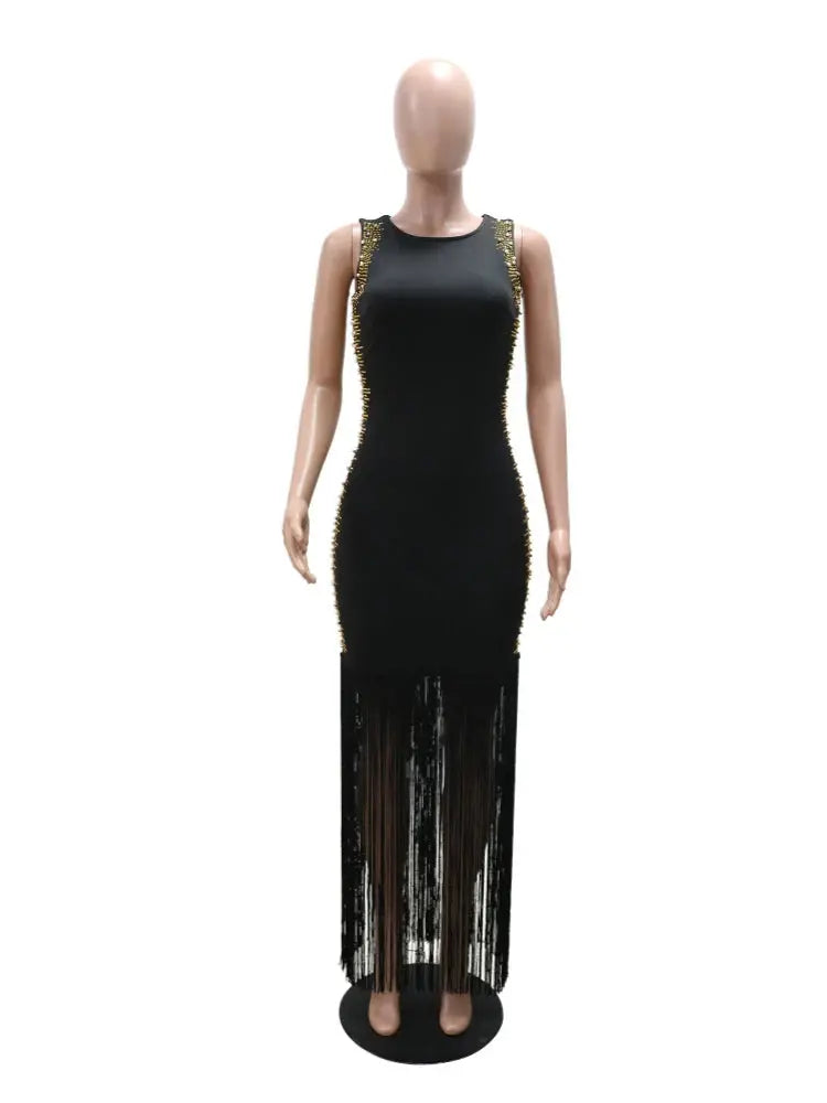 Luxury Haute Couture Elegant Rhinestone Round Neck Sleeveless Fringe Skirt Maxi Dress Party Bag Buttocks Sexy Women's Clothing FZwear